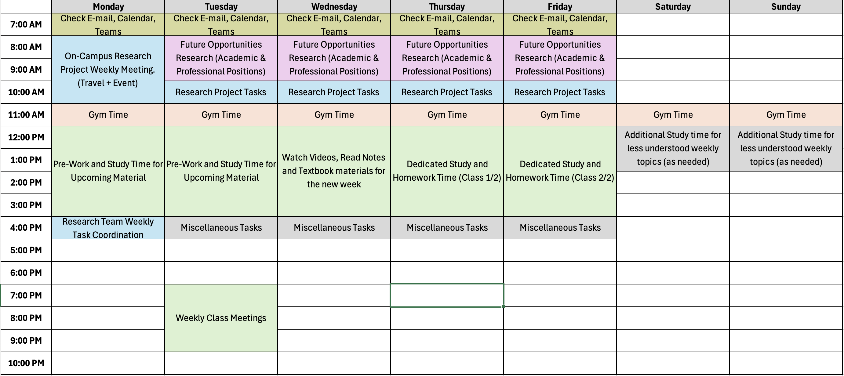 Cameron Preasmyer's weekly schedule color coded in an excel spreadsheet showing time blocks for class, research, planning and more.