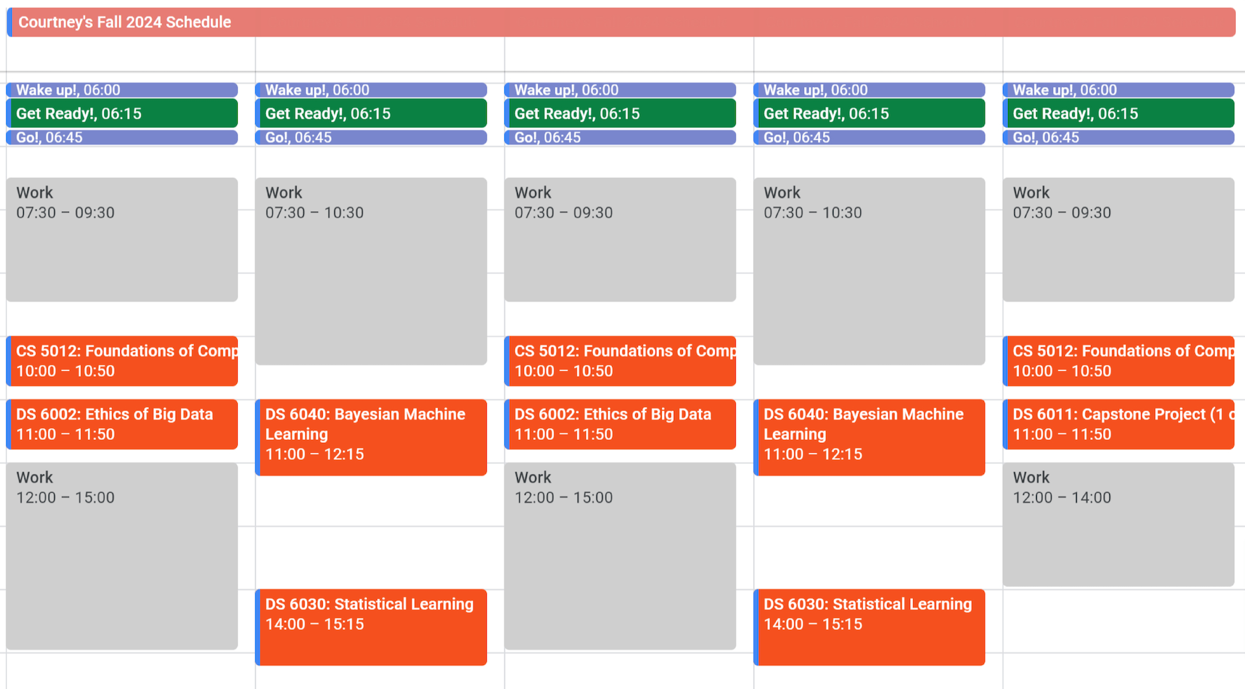 Weekly MSDS student calendar color-coded for activities like work and classes