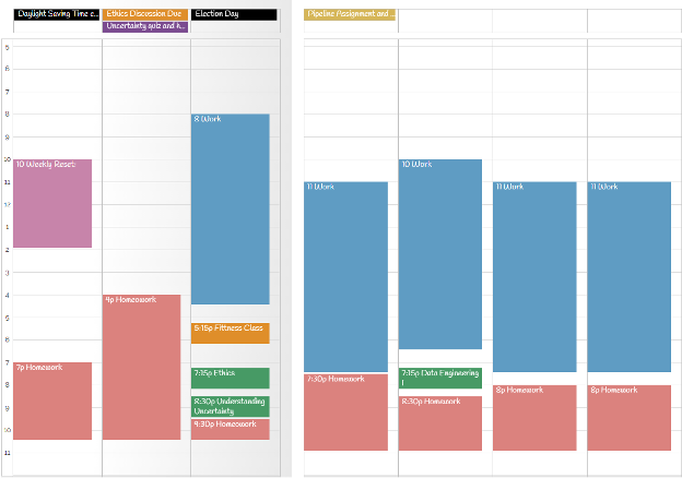 Chapin (Meny) Large's schedule, including at least 3 hours of homework blocked off most days, 8.5 hours blocked off for work on weekdays, and the following evening classes: ethics, understanding uncertainty, and data engineering. There is a weekly slot for a class discussion, a fitness, class, and a 4-hour weekly reset on Sunday.