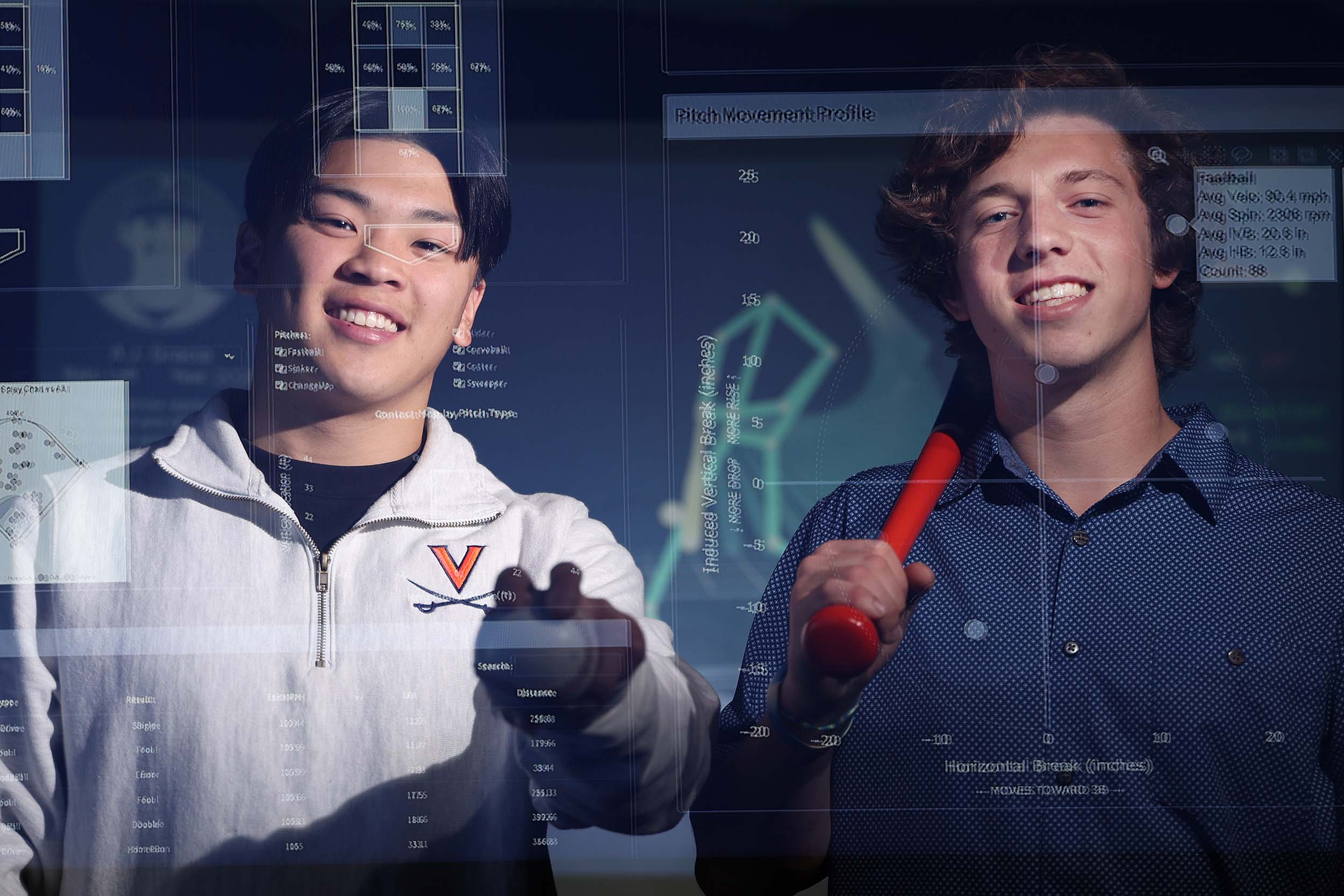 Two students standing side by side with one holding a baseball bat. Abstract data is overlayed across their faces.