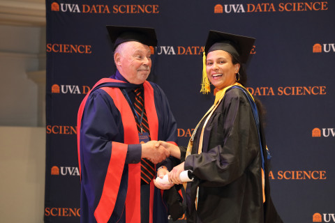 Elisabeth Waldron and Dean Philip Bourne at 2024 Diploma Ceremony for MSDS degree at UVA