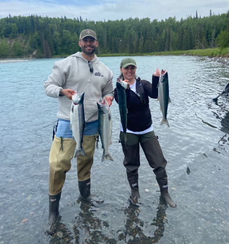 UVA Data Science MSDS online student Cameron Preasmyer fishing for salmon in Alaska 