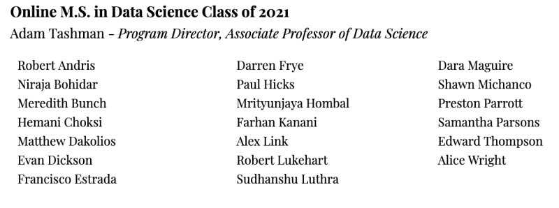 December M.S. in Data Science Class of 2021