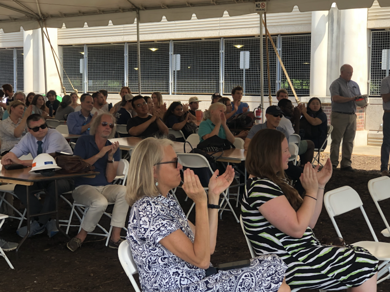 Students, faculty, University leadership, architects, and construction workers came together on Tuesday, Aug. 2, for the School of Data Science’s topping out ceremony