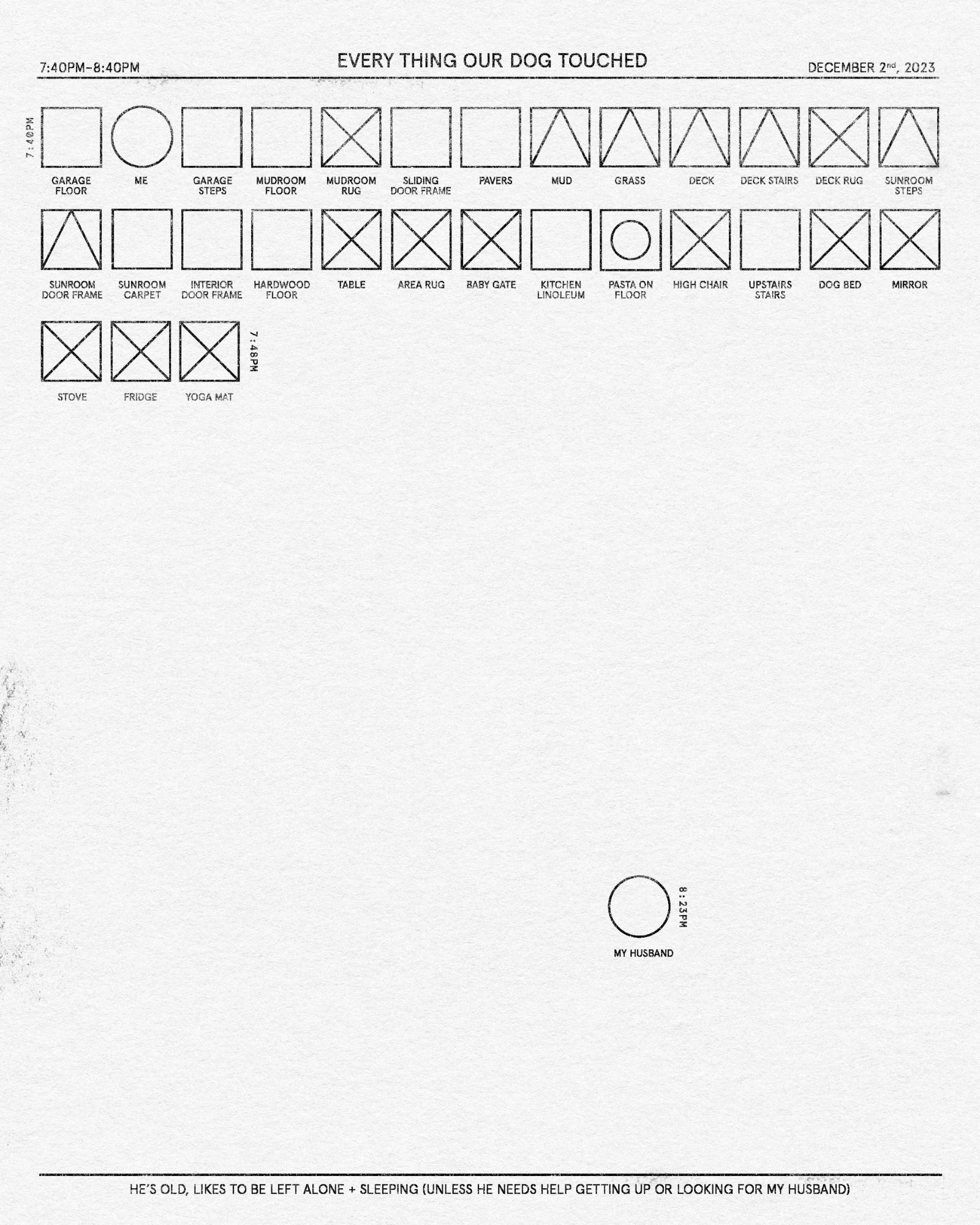 An infographic titled "EVERY THING OUR DOG TOUCHED" with a grid of 41 labeled circles and squares, some crossed out. Labels include "GARAGE FLOOR," "COUCH," "SHOES," "RUG/S," "BLANKET," "CHAIR," and more. One separate circle is labeled "MY HUSBAND" with a note at the bottom: "HE'S OLD, LIKES TO BE LEFT ALONE + SLEEPING UNLESS HE NEEDS HELP GETTING UP OR LOOKING FOR MY HUSBAND."