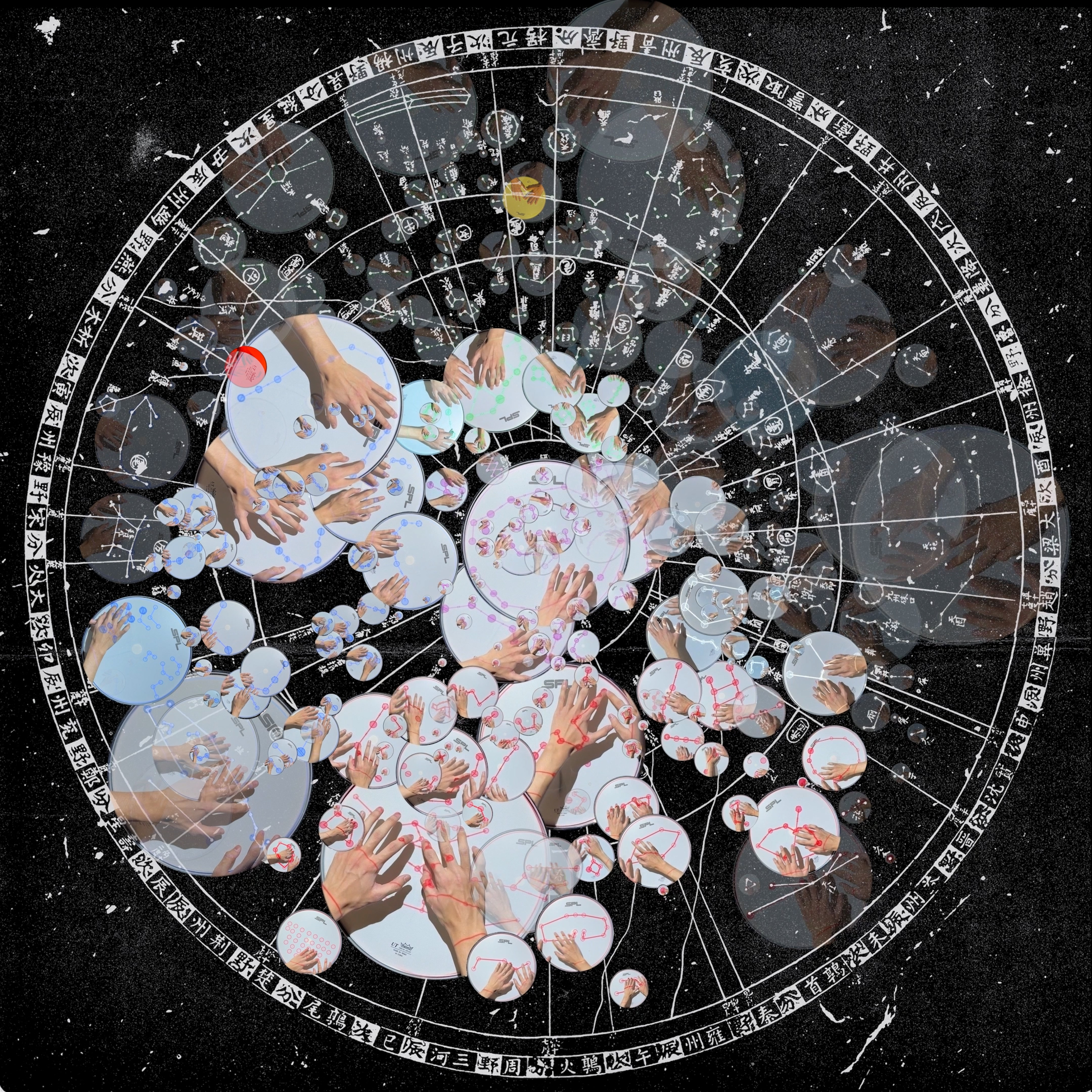 A collage artwork featuring numerous hands reaching into circular bubbles, interspersed with zodiac signs around an astrological chart. The composition has a cosmic and mystical theme, with celestial symbols and a dark, star-speckled background.