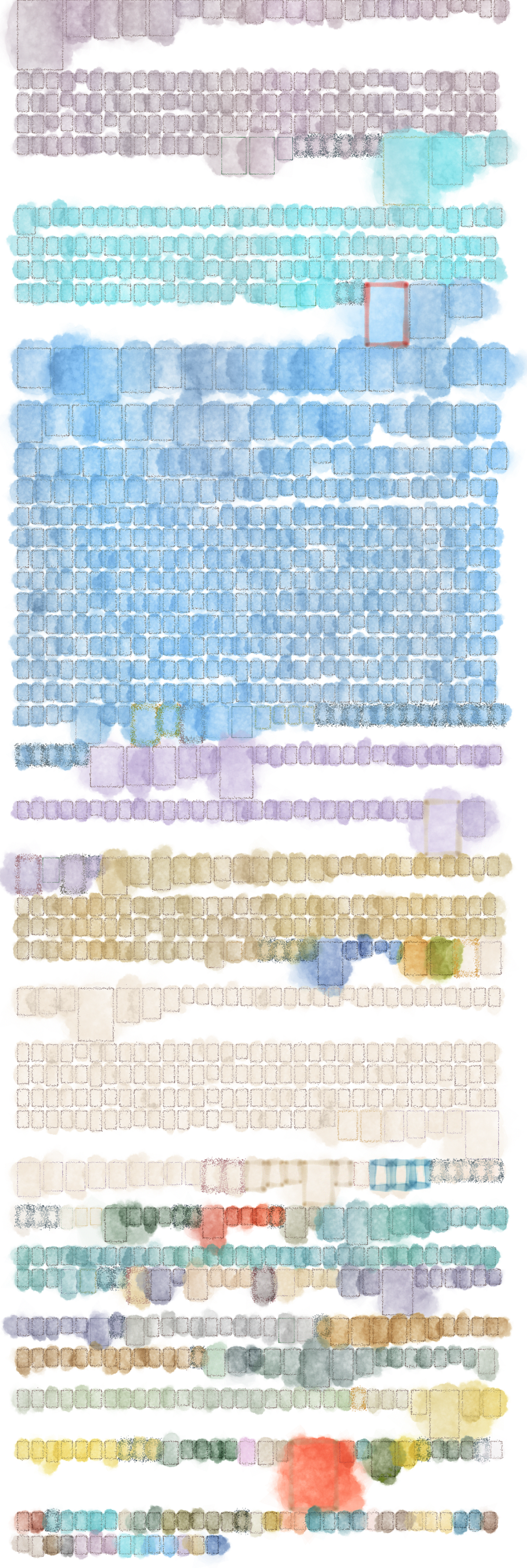An abstract watercolor artwork featuring rows of overlapping rectangular shapes in various pastel shades like blue, lavender, green, and peach. Some shapes are outlined, and a few have differing saturation levels, creating a textured, layered effect.