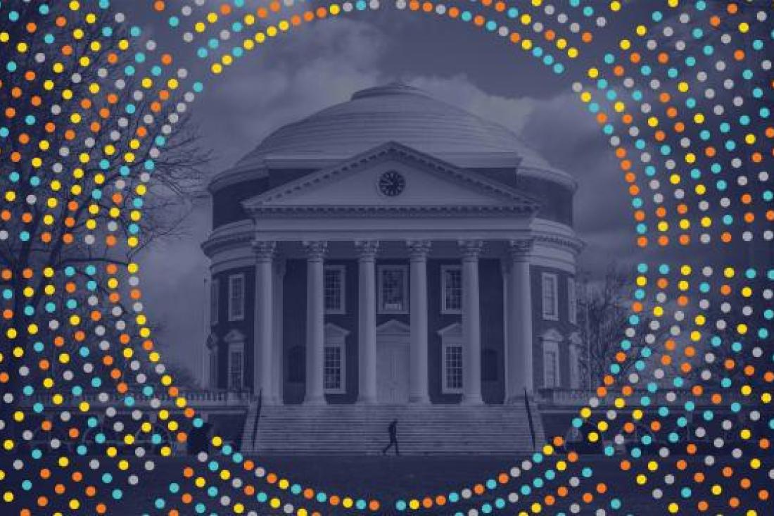 Image of the UVA Rotunda under a blue filter surround by a multicolored data burst.