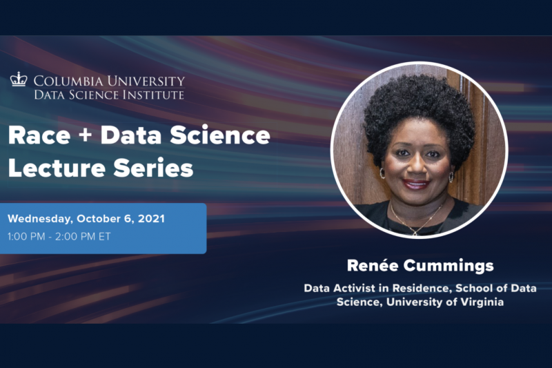 Renée Cummings headshot, speaking at Columbia University on race and data science