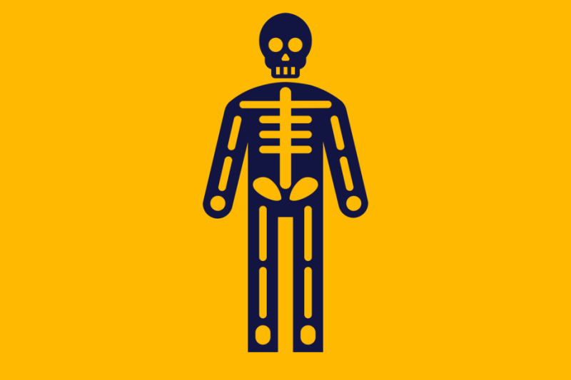 Graphic with a dark skeleton figure against a yellow-orange solid background