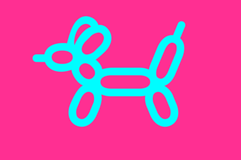 Bright pink background with light blue balloon dog graphic