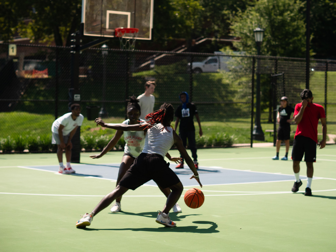 Participants in the Starr Hill Program's data science pathway studied basketball analytics, which included taking the court themselves. (Photo by Cody Huff)