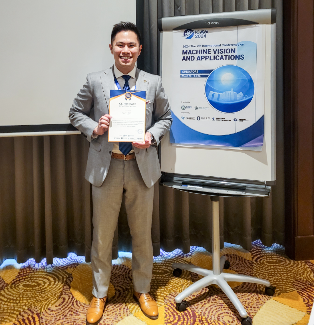 Kevin Lin received international recognition with the Best Presentation Award in the "Image Based Data Analysis and Application System" session at the 7th International Conference on Machine Vision and Applications (ICMVA 2024) held in Singapore