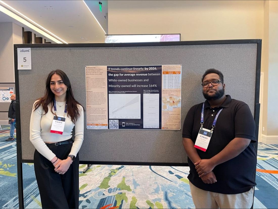Two data science students pose with their poster presentation at a conference