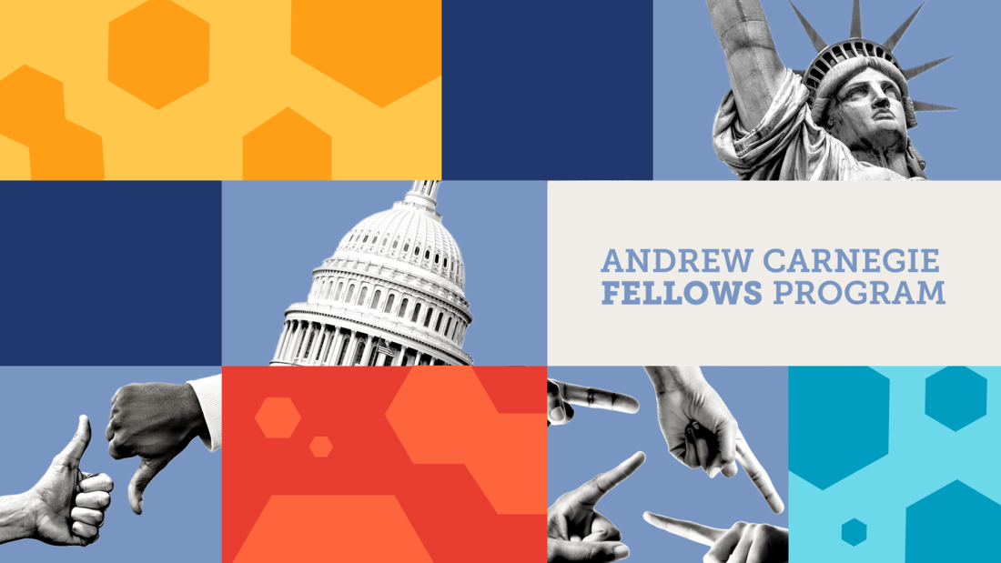 A graphic of the Carnegie Fellows program with images of the Statue of Liberty, the U.S. Capitol, and various hand gestures.