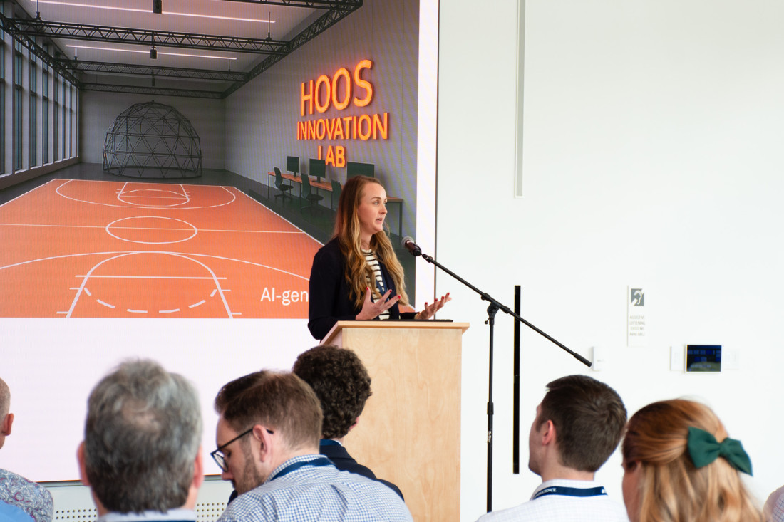 Assistant Professor Natalie Kupperman speaks to attendees at the UVA Sports Research and Innovation Summit.