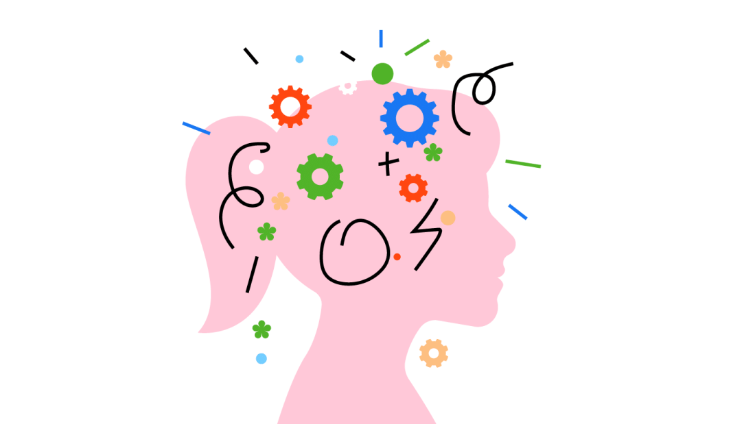 illustration of girl brain with cogs and squiggles