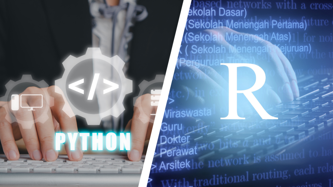 Programming image with Python on left and R on right
