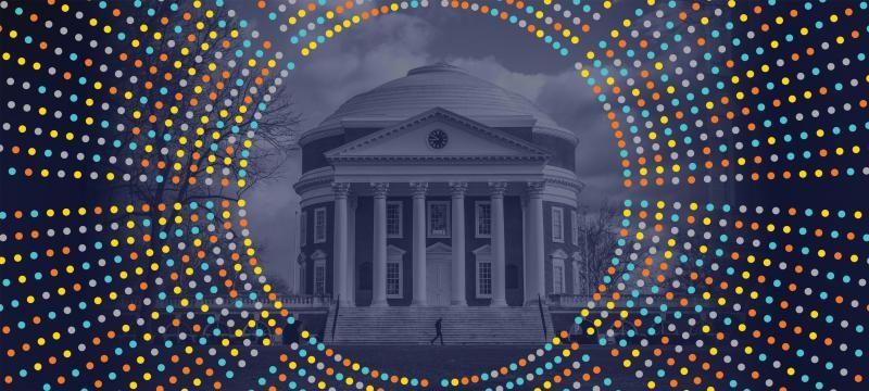 Image of the UVA Rotunda under a blue filter surround by a multicolored data burst.