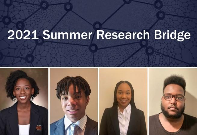 Four students smile in professional attire below the "2021 Summer Research Bridge" title on a dark blue background with a network pattern.