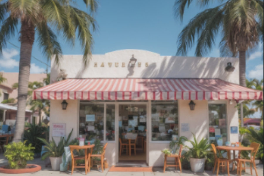 Small California restaurant with outside seating, awning and palm trees
