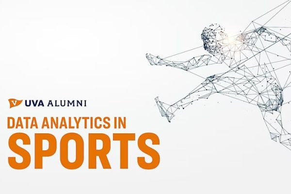 Data analytics sports event, abstract geometric athlete figure jumping, symbolizing data integration in sports. Text reads: “UVA Alumni, Data Analytics in Sports.”