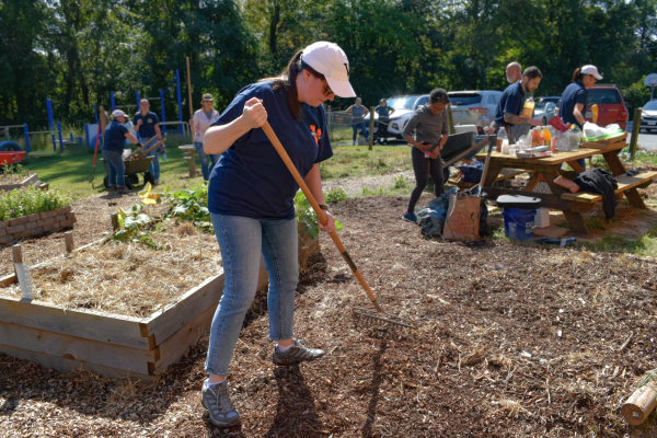Stephanie Fentress Director of Development for the School of Data Science rakes mulch.