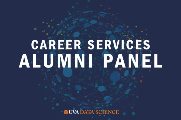 Career Services Alumni Panel UVA Data Science blue card with multicolor globe-like network points