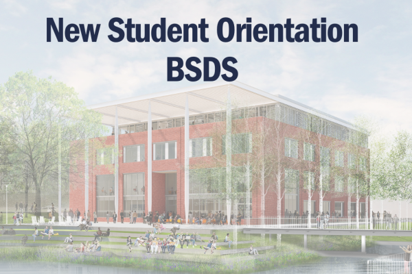 Artistic rendering of UVA School of Data Science with New Student Orientation BSDS text overlay