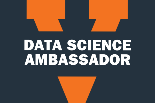 Split Orange V with Data Science Ambassador on dark blue ground