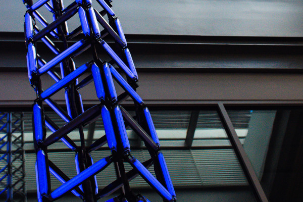 The data sculpture is seen in the new home of the School of Data Science. (Photo by Alyssa Brown)