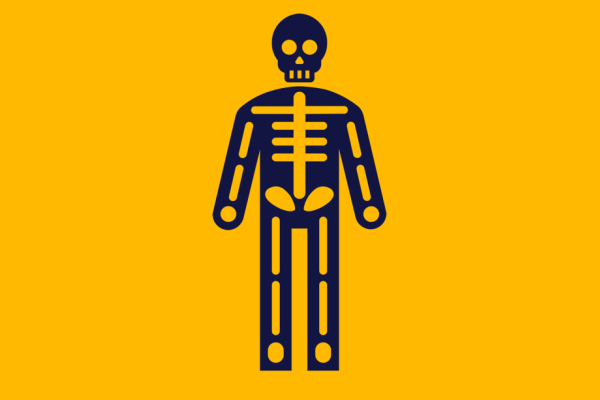 Graphic with a dark skeleton figure against a yellow-orange solid background