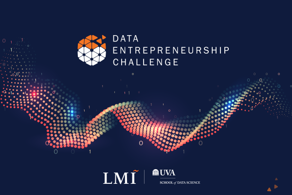  UVA/LMI Data Entrepreneurship Challenge with logos and data-inspired accents on a blue background