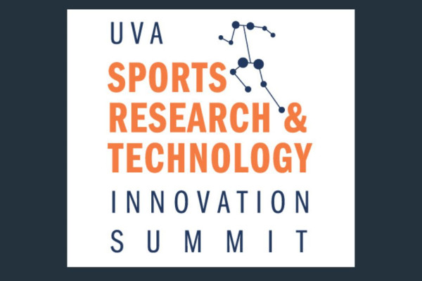 UVA Sports Research and Technology Innovation Summit text in orange and blue against a white background with data points figure that is stepping or jumping