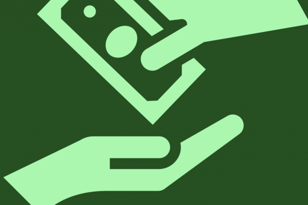 Illustration of two hands in light green, one with money in it and the other extended to receive it on a darker green background