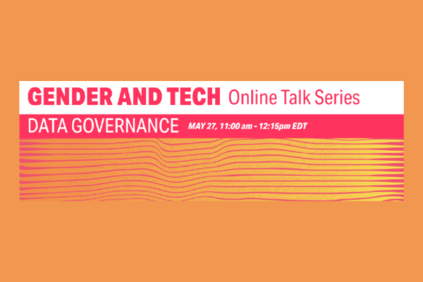 Graphic for Gender and Tech Online Talk Series with pink and orange stripes.