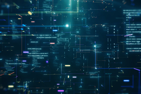 Futuristic digital data stream with glowing lines of abstract binary code on a dark green background