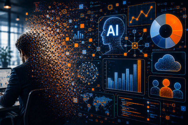AI image showing the blurred area between human workers and ai assited tools