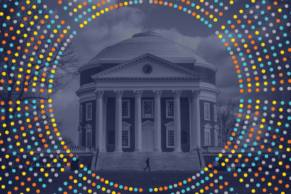 UVA Rotunda building surrounded by a multicolored, circular data burst with a blue tone treatment. 
